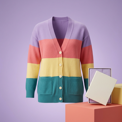 Colorblock cardigan front hero on lavender studio background