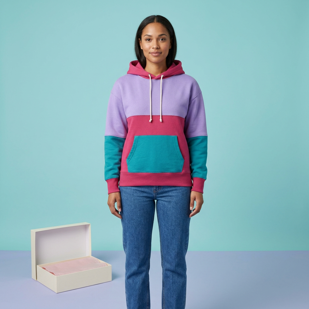Model wearing colorblock pullover hoodie with blue jeans
