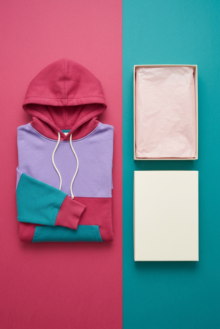 Colorblock hoodie in blank ivory box with pale pink tissue