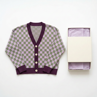 Lilac sage checkerboard cardigan with plum trim front view