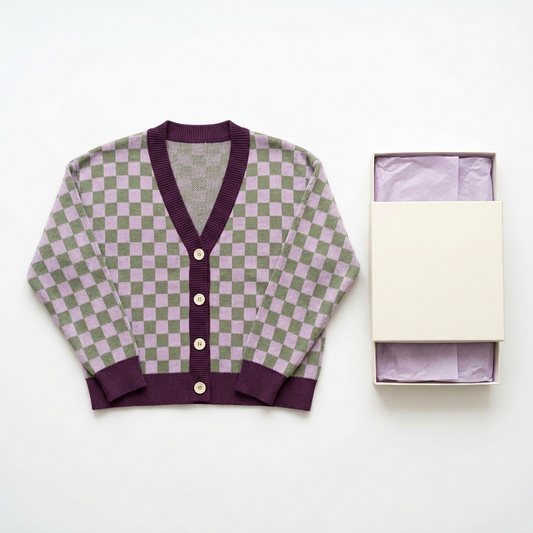 Lilac sage checkerboard cardigan with plum trim front view