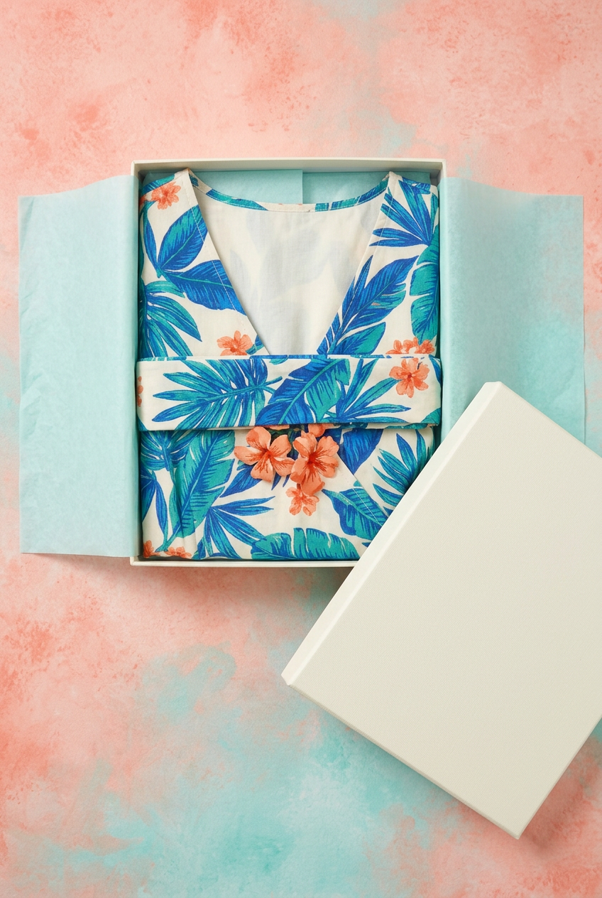 Botanical dress in blank ivory box with pale aqua tissue