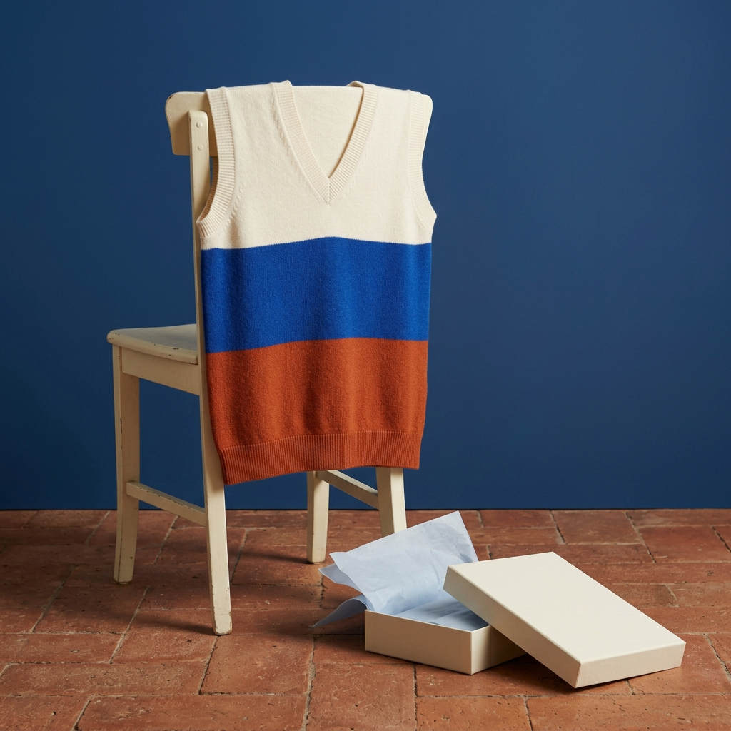 Three-color knit vest styled on ivory chair