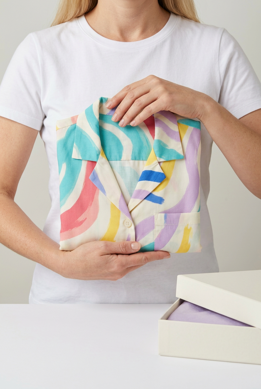 American-style model holding folded abstract wave shirt