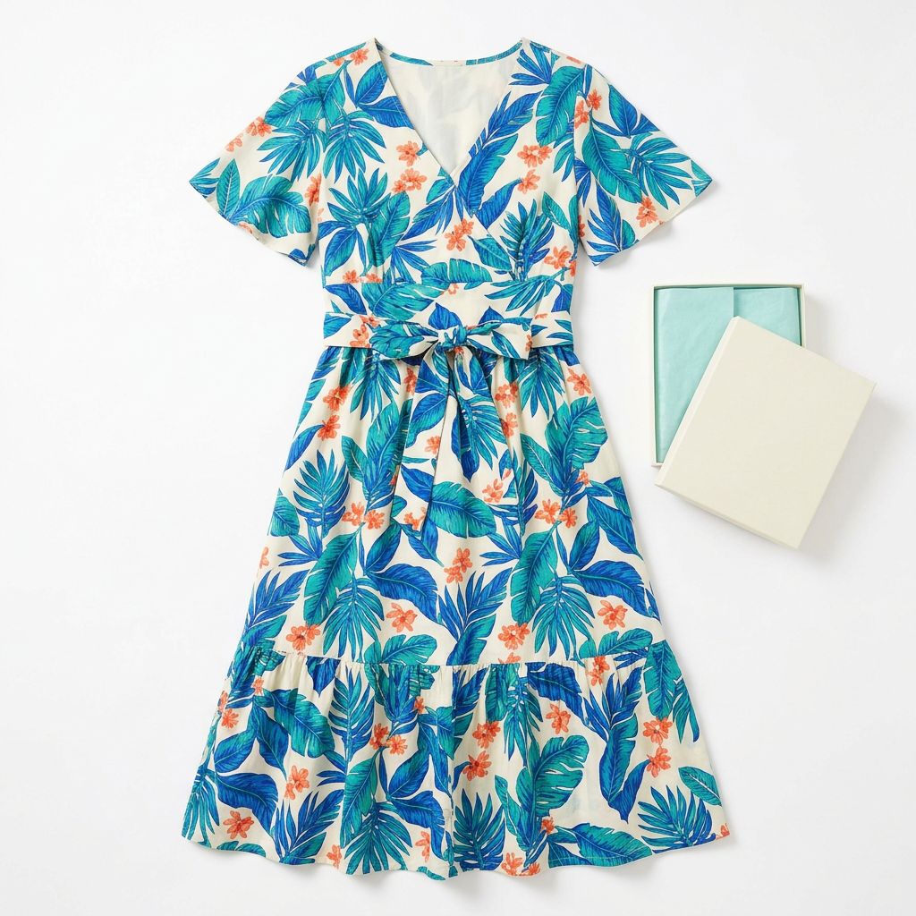 Botanical dress and blank ivory box flat lay on white background