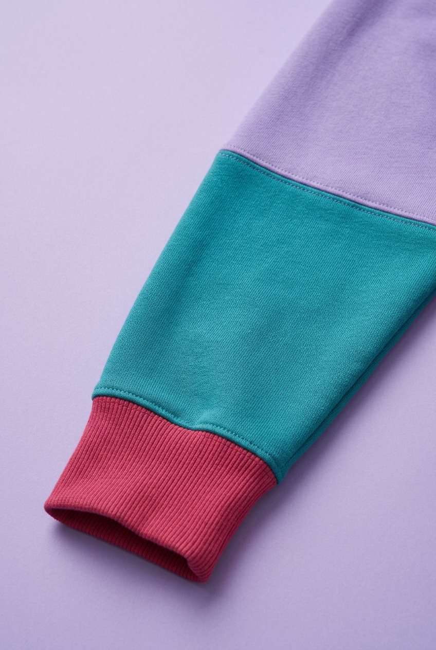 Lavender teal sleeve and raspberry ribbed cuff