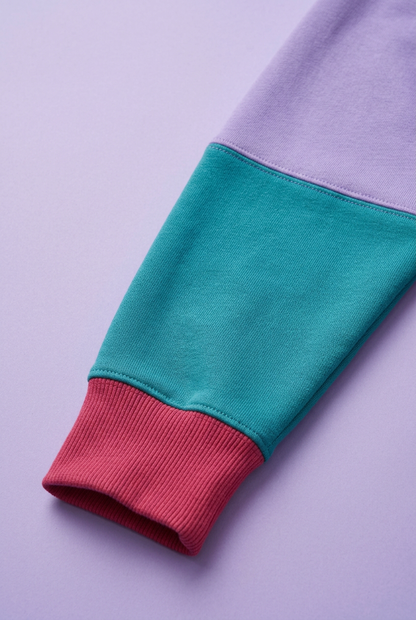 Lavender teal sleeve and raspberry ribbed cuff