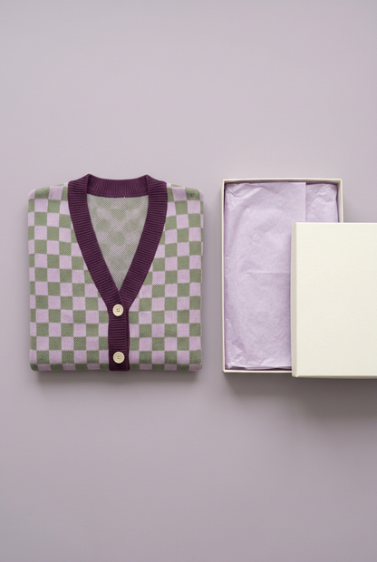 Checker cardigan in blank ivory box with lilac tissue