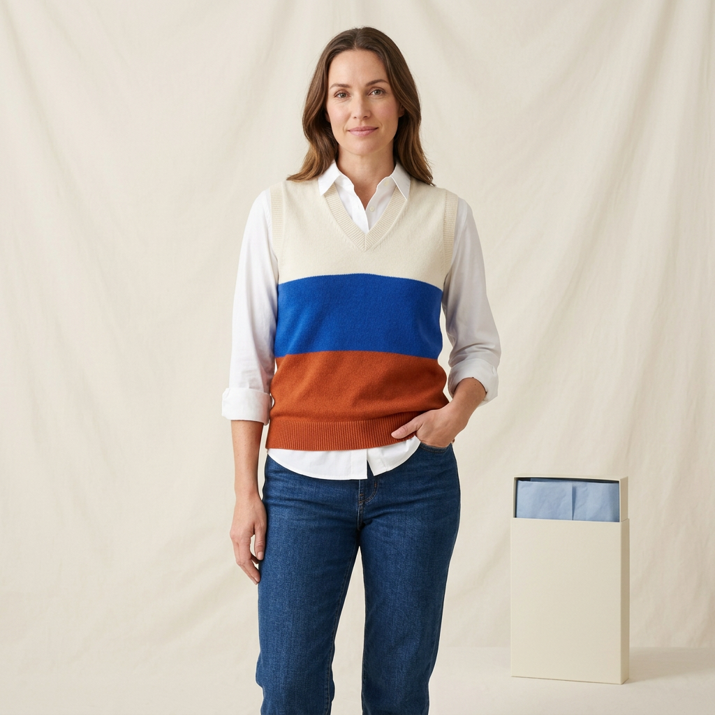 Model layering colorblock vest over white collared shirt