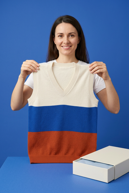 European-style model holding full knit vest