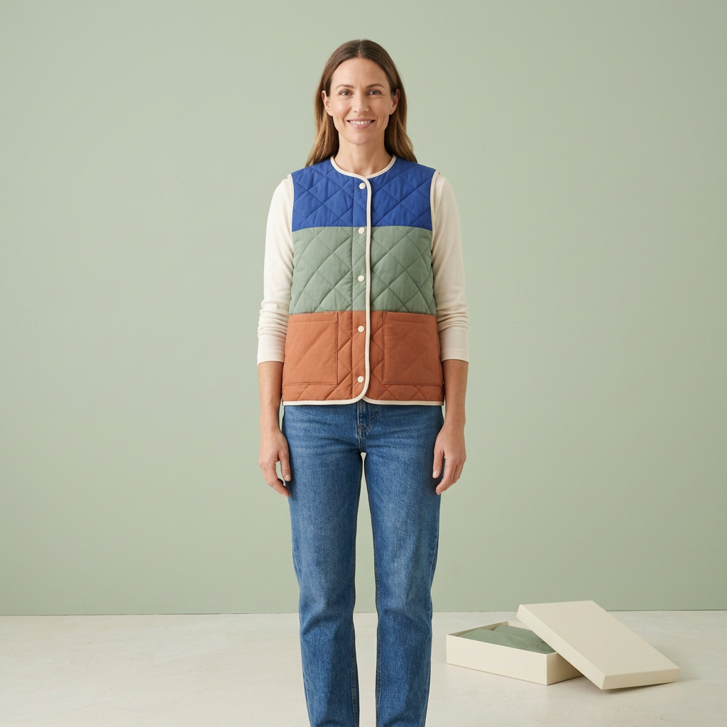 Model layering quilted vest over plain ivory long sleeve top