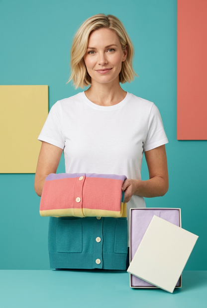 American-style model holding folded colorblock cardigan