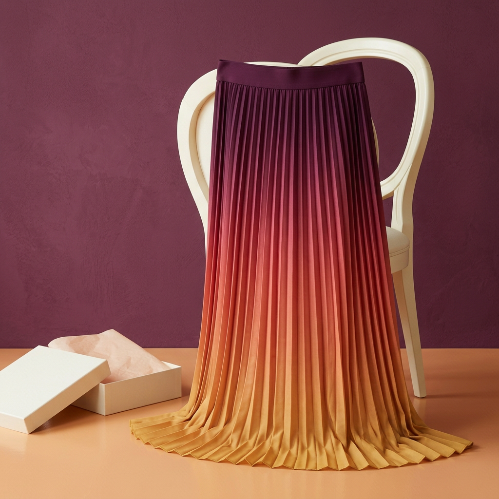 Ombre pleated skirt draped on ivory chair