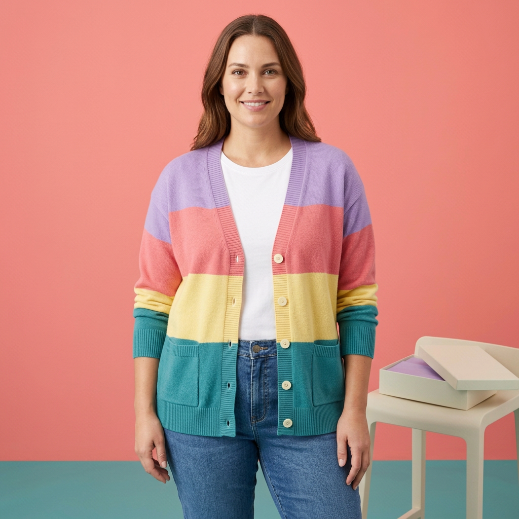 Model wearing the lavender coral yellow and teal cardigan