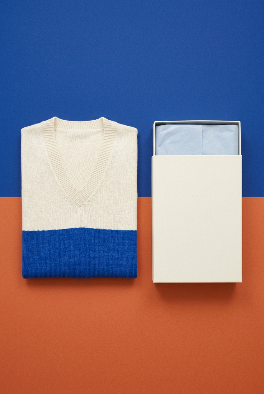Colorblock vest in blank ivory box with pale blue tissue