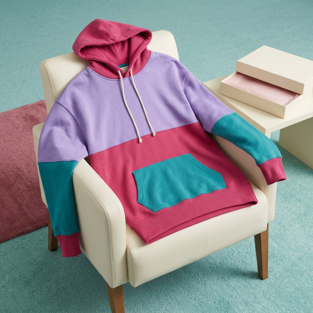 Colorblock hoodie styled over ivory chair