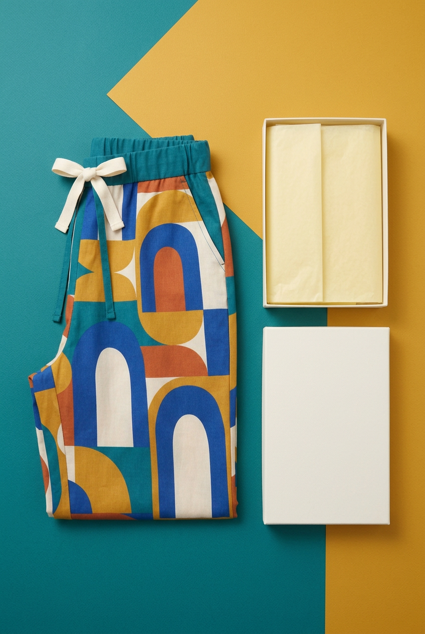 Geometric trousers in blank ivory box with pale yellow tissue
