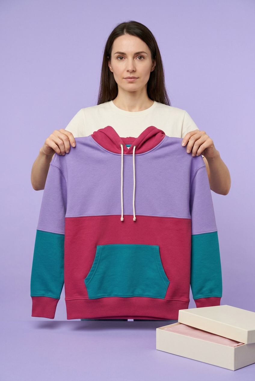 European-style model holding full colorblock hoodie