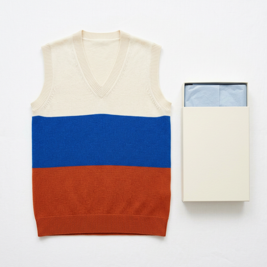Colorblock vest and unbranded box flat lay on white