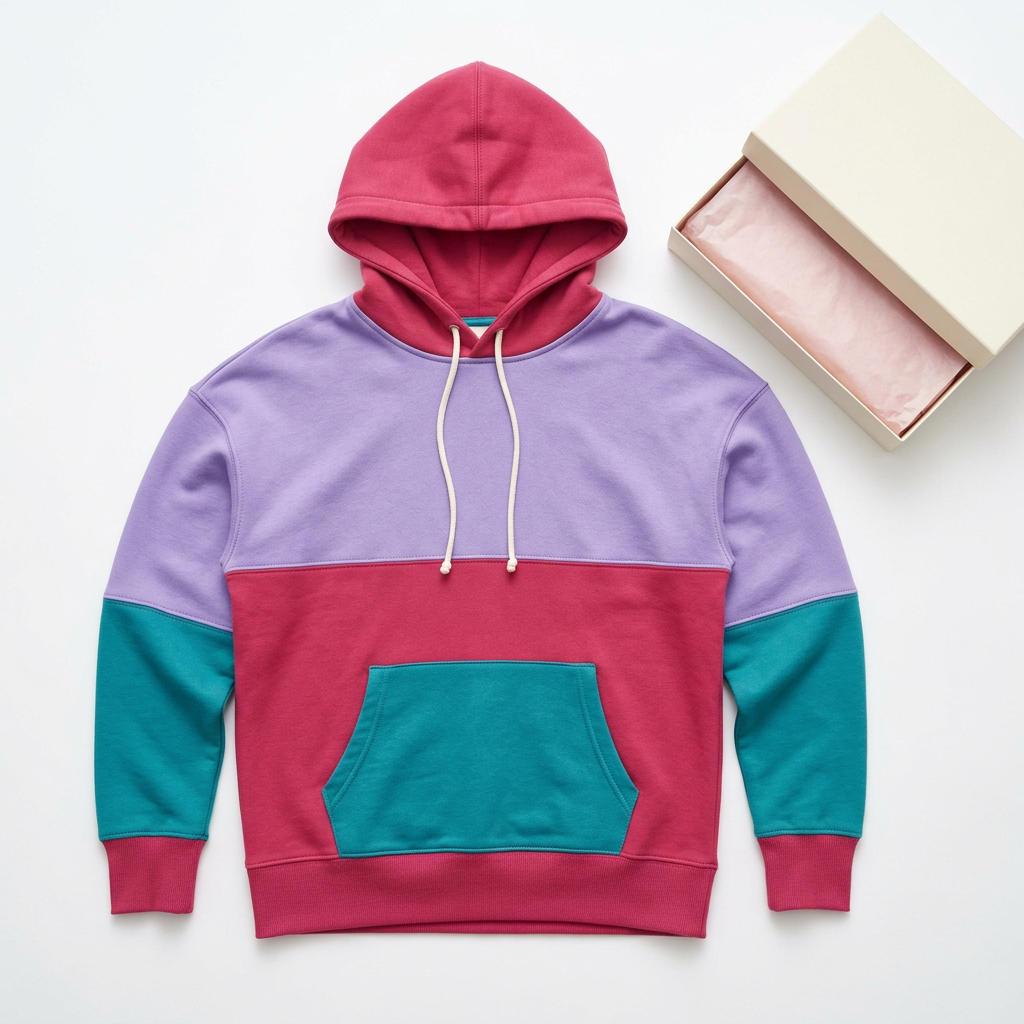 Colorblock pullover hoodie and unbranded box on white background