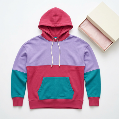 Colorblock pullover hoodie and unbranded box on white background