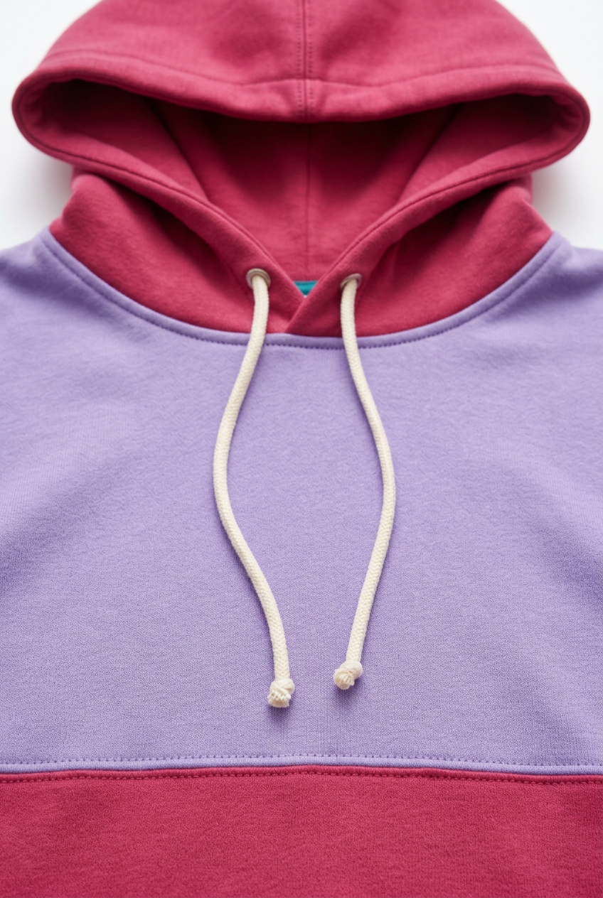 Raspberry hood seam and ivory drawstring detail