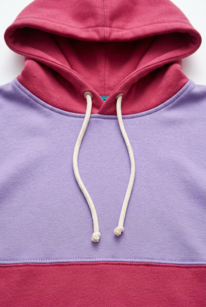 Raspberry hood seam and ivory drawstring detail