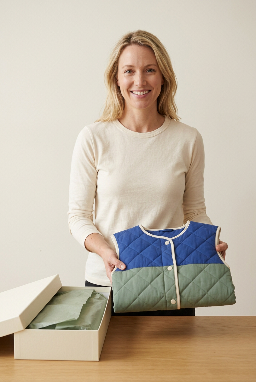 American-style model holding folded quilted vest