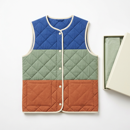 Colorblock quilted vest and blank ivory box on white