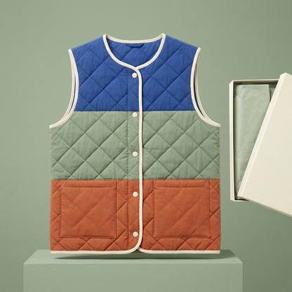 Cobalt sage terracotta quilted vest front studio presentation