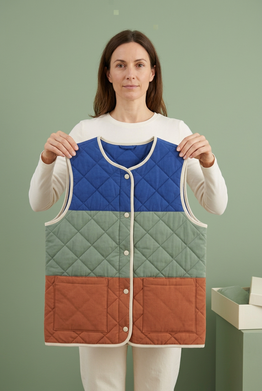 European-style model holding full quilted vest